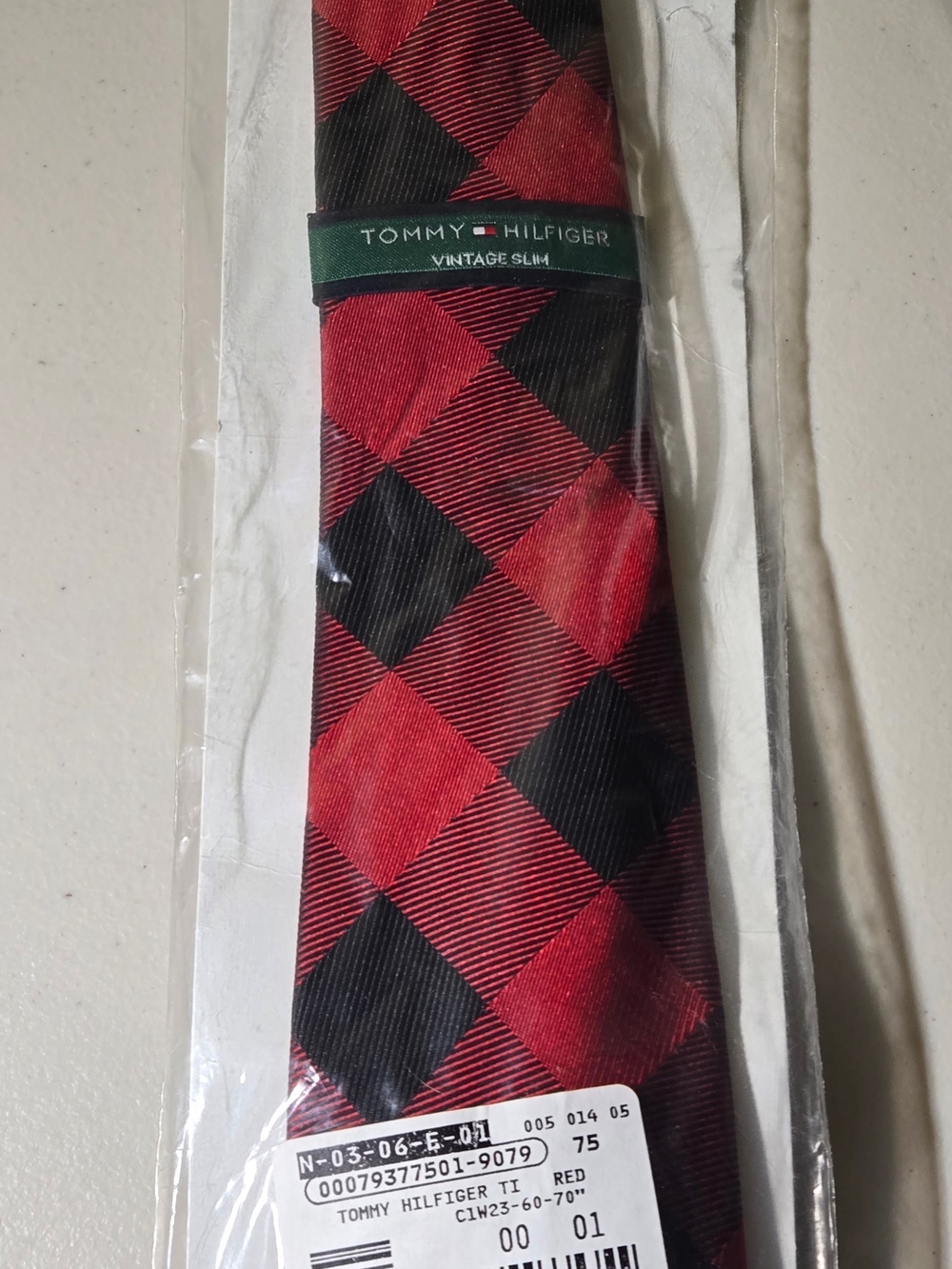 Tommy Hilfiger Vintage Slim Tie NWT Red Black Buffalo Plaid Extra Long 70 In